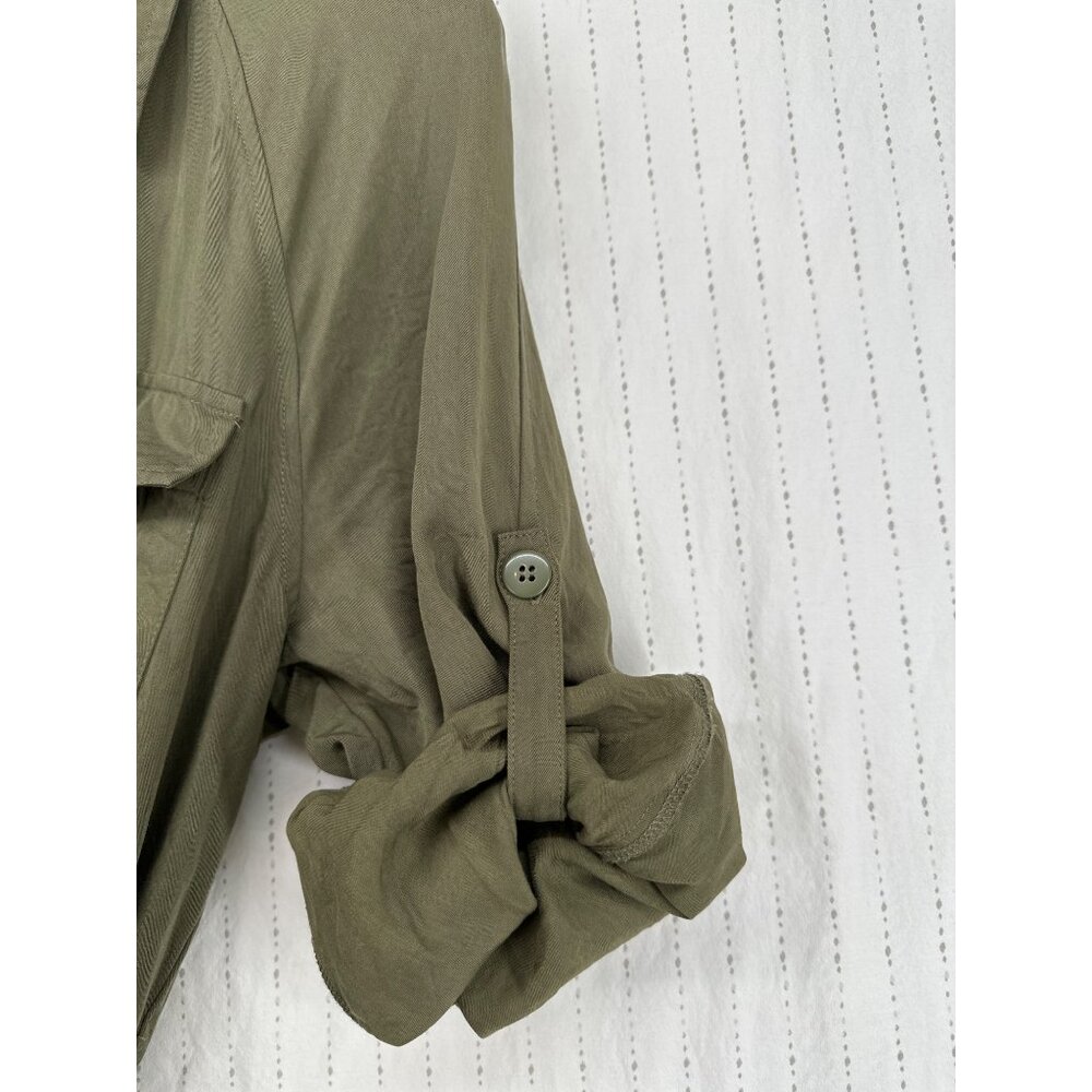 Topshop ShirtDress Sz 10 Army Green Button Front Roll Tab Slv Modern City Safari - Picture 4 of 13